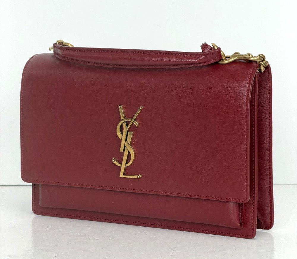 Saint Laurent Sunset Top Handle Medium Shoulder Bag in Red Leather Gold HW S07
